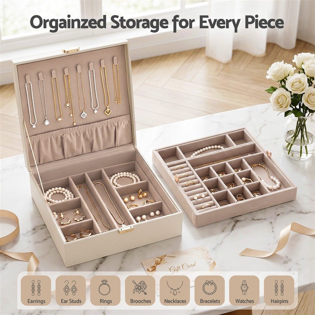 Embellir Jewellery Box 2 Layer Storage Organiser Leather Display White Awezingly