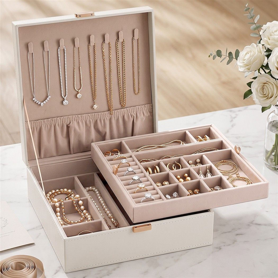 Embellir Jewellery Box 2 Layer Storage Organiser Leather Display White Awezingly