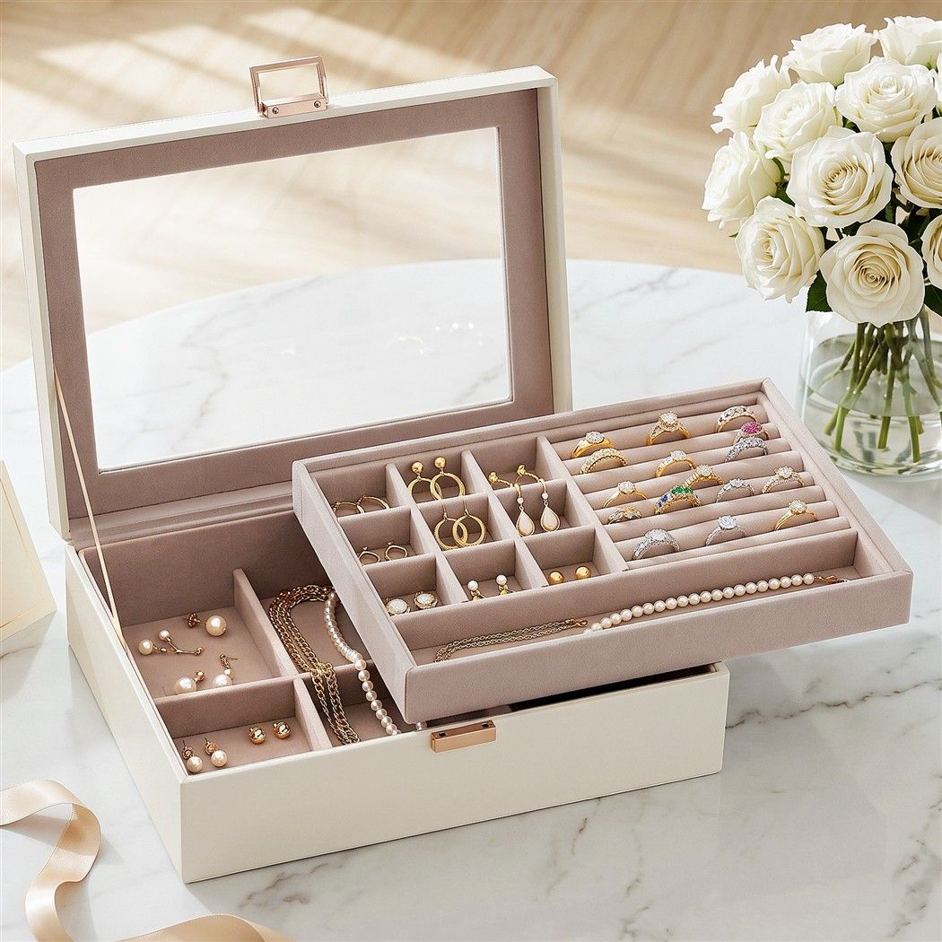 Embellir 2 Layer Jewellery Box Organiser with Clear Lid White Awezingly