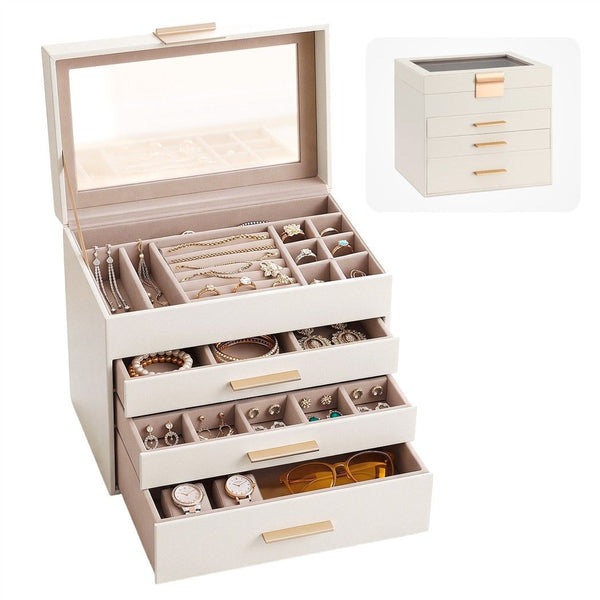 Embellir Jewellery Box 4 Layer Organiser Storage Case Glass Lid Drawers White Awezingly