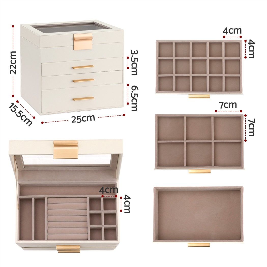 Embellir Jewellery Box 4 Layer Organiser Storage Case Glass Lid Drawers White Awezingly