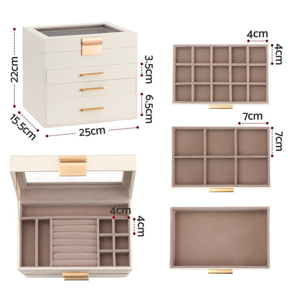 Embellir Jewellery Box 4 Layer Organiser Storage Case Glass Lid Drawers White Awezingly