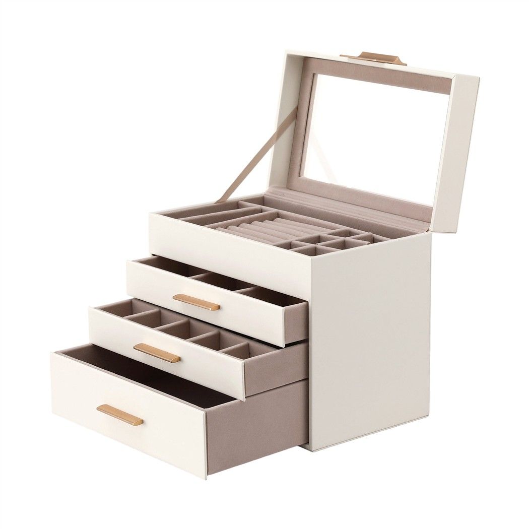 Embellir Jewellery Box 4 Layer Organiser Storage Case Glass Lid Drawers White Awezingly