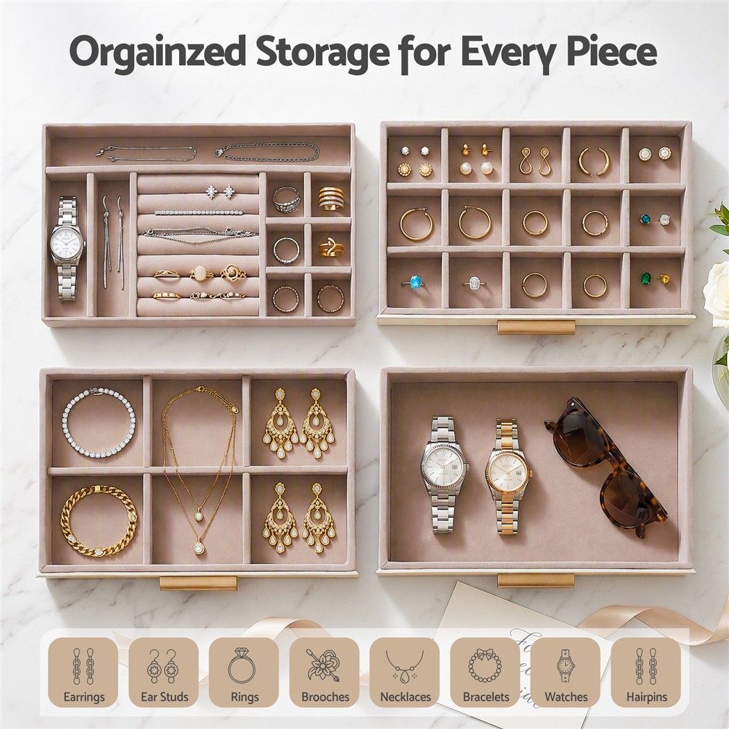 Embellir Jewellery Box 4 Layer Organiser Storage Case Glass Lid Drawers White Awezingly
