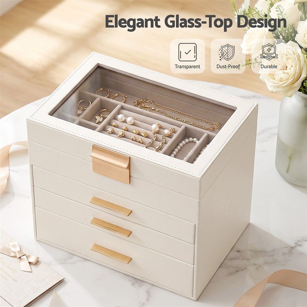 Embellir Jewellery Box 4 Layer Organiser Storage Case Glass Lid Drawers White Awezingly