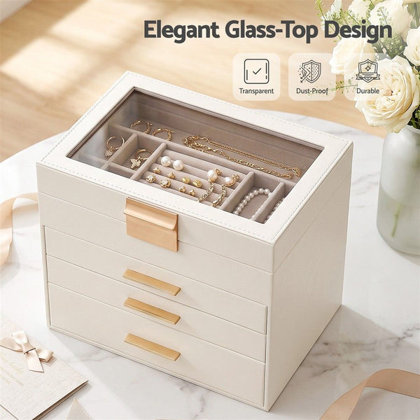 Embellir Jewellery Box 4 Layer Organiser Storage Case Glass Lid Drawers White Awezingly