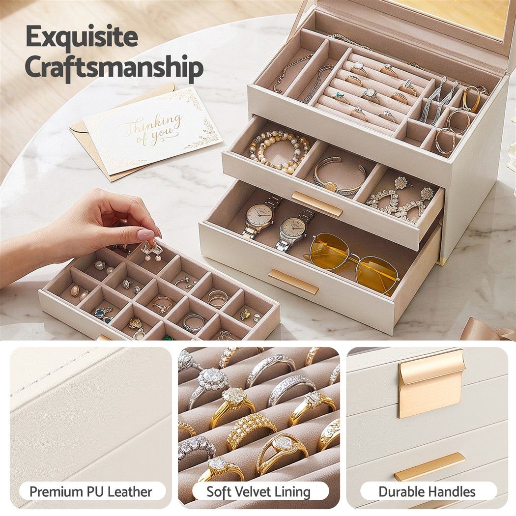 Embellir Jewellery Box 4 Layer Organiser Storage Case Glass Lid Drawers White Awezingly