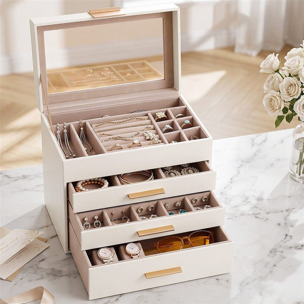 Embellir Jewellery Box 4 Layer Organiser Storage Case Glass Lid Drawers White Awezingly
