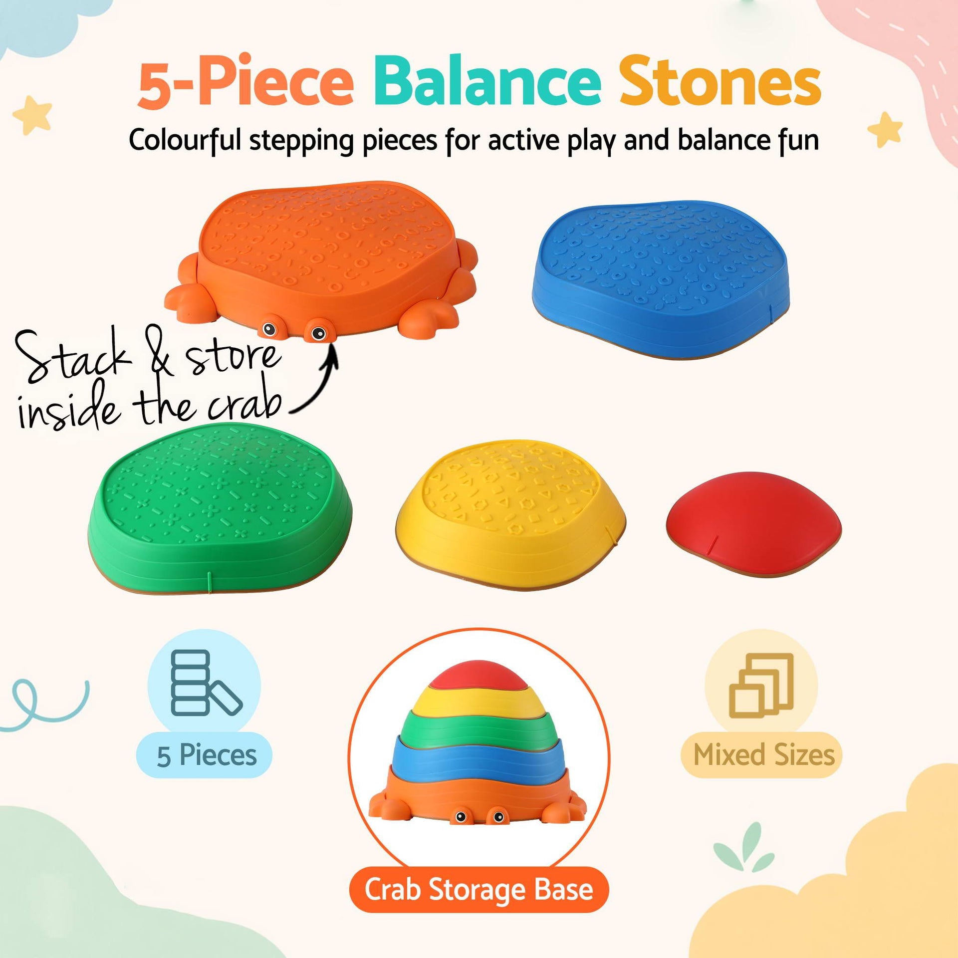 Keezi Kids Stepping Stones Balance Stone Set Crab Indoor Outdoor 5PCS Awezingly