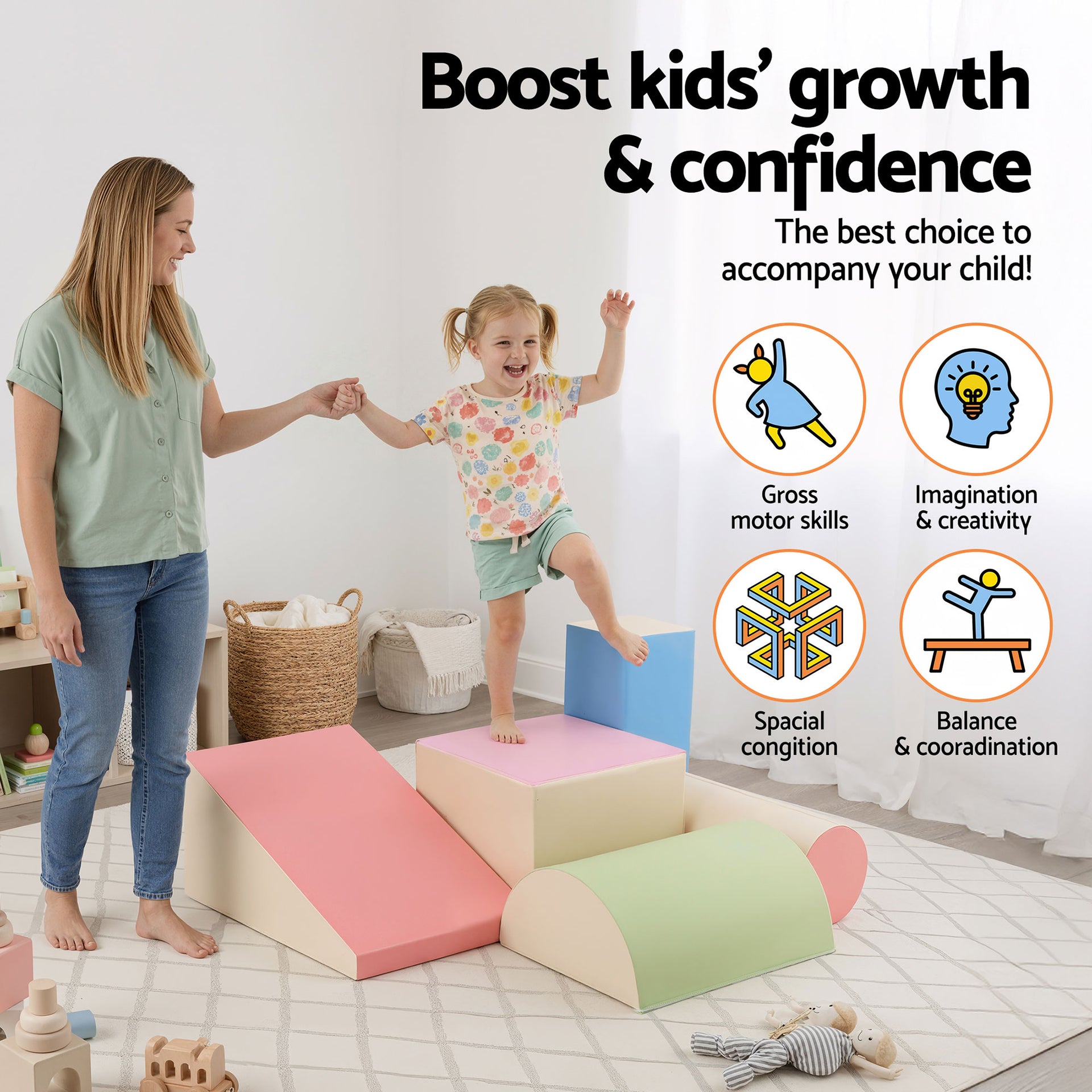 Keezi Kids Climbing Blocks 5-Piece Foam Toddler Playset Soft Indoor Climbing Toy Rocker Awezingly