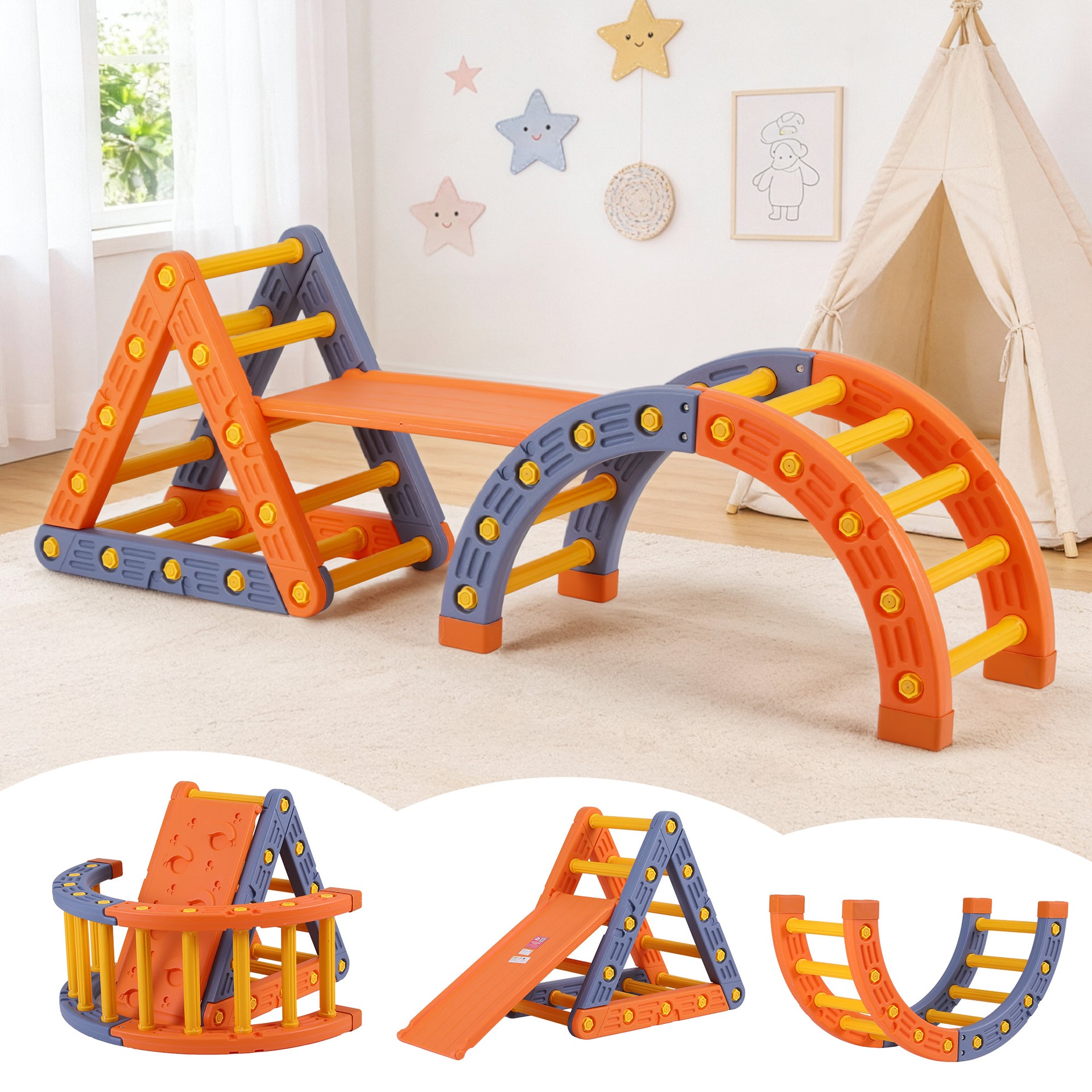 Kids Climbing Frame Set With Slide Indoor Outdoor Toddler Toys Pikler Triangle Climber With Arch Awezingly