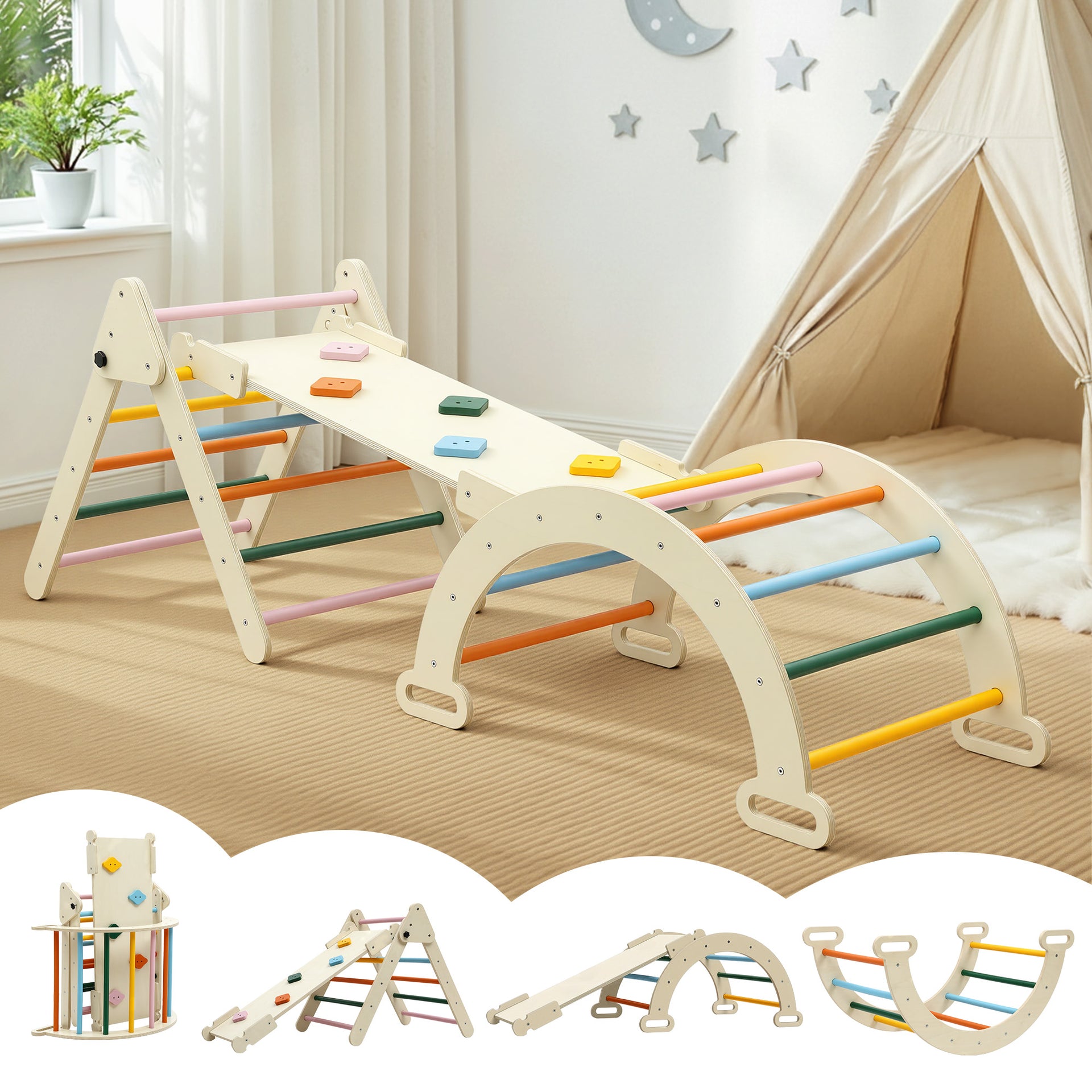 Keezi Kids Triangle Climbing Toys Set With Slide Indoor Outdoor Toddler Toys Pikler Climber With Arch Awezingly