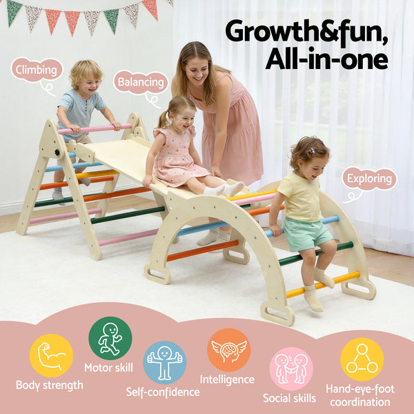 Keezi Kids Triangle Climbing Toys Set With Slide Indoor Outdoor Toddler Toys Pikler Climber With Arch Awezingly