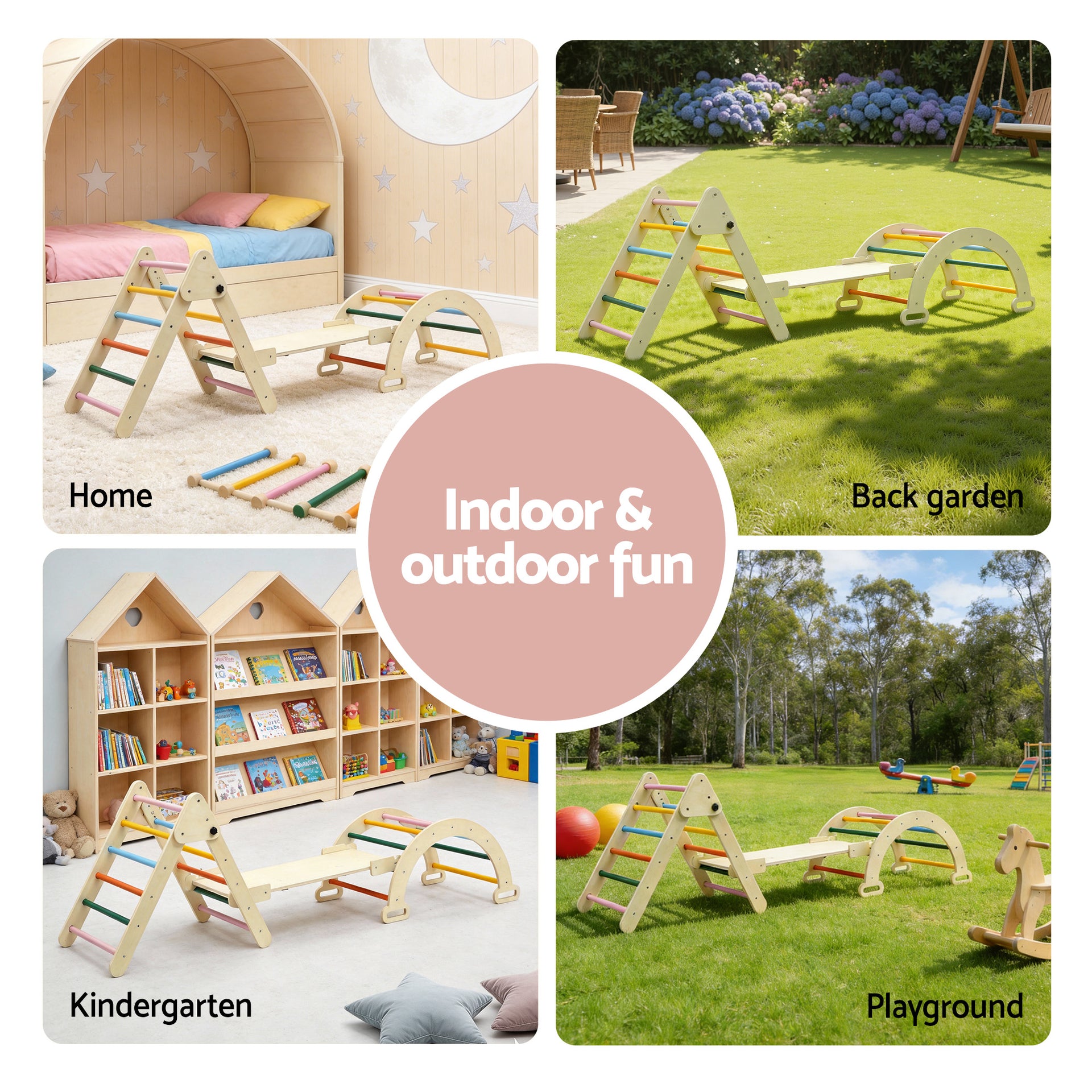 Keezi Kids Triangle Climbing Toys Set With Slide Indoor Outdoor Toddler Toys Pikler Climber With Arch Awezingly