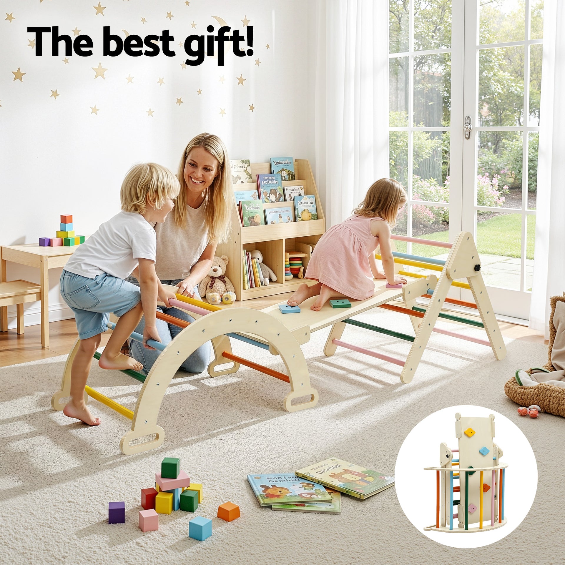 Keezi Kids Triangle Climbing Toys Set With Slide Indoor Outdoor Toddler Toys Pikler Climber With Arch Awezingly