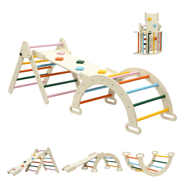 Keezi Kids Triangle Climbing Toys Set With Slide Indoor Outdoor Toddler Toys Pikler Climber With Arch Awezingly