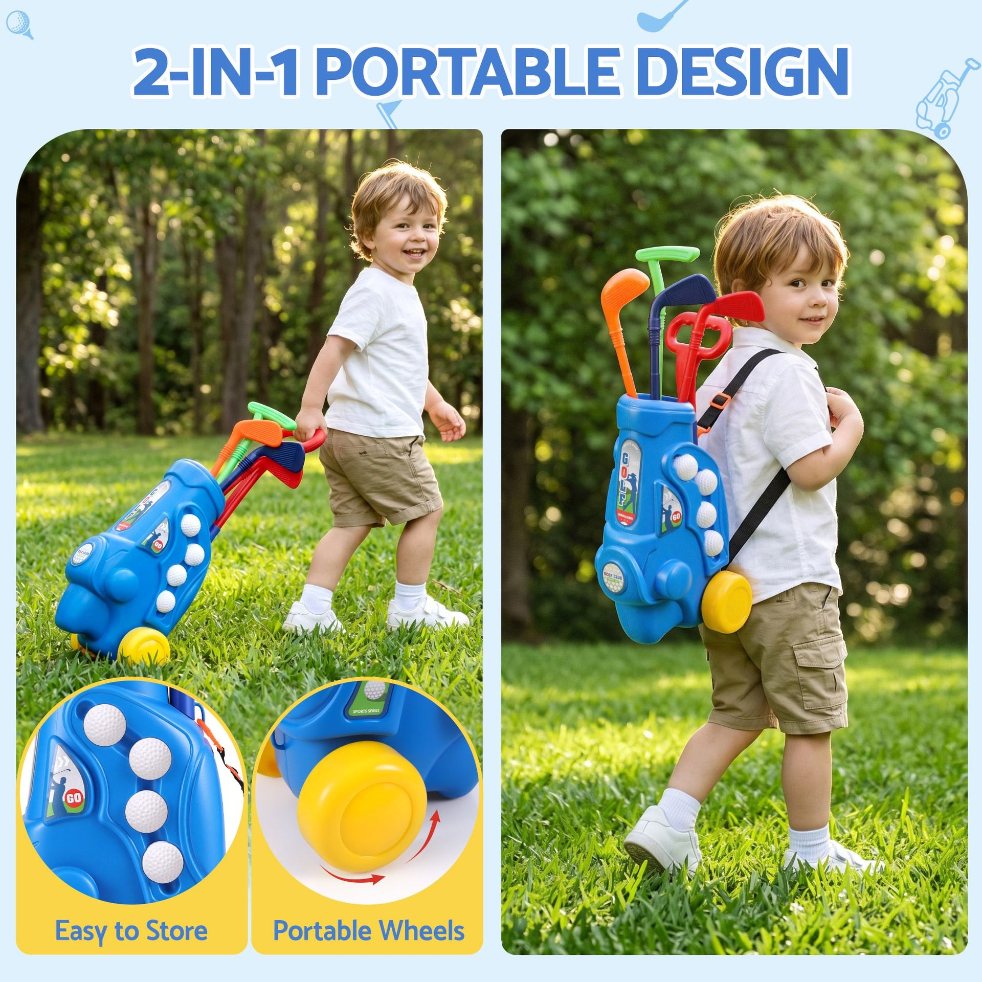 Keezi Kids Golf Set Toddler Club Set Pull Cart Indoor Outdoor Backyard Mini Toy Ages 2-6 Awezingly