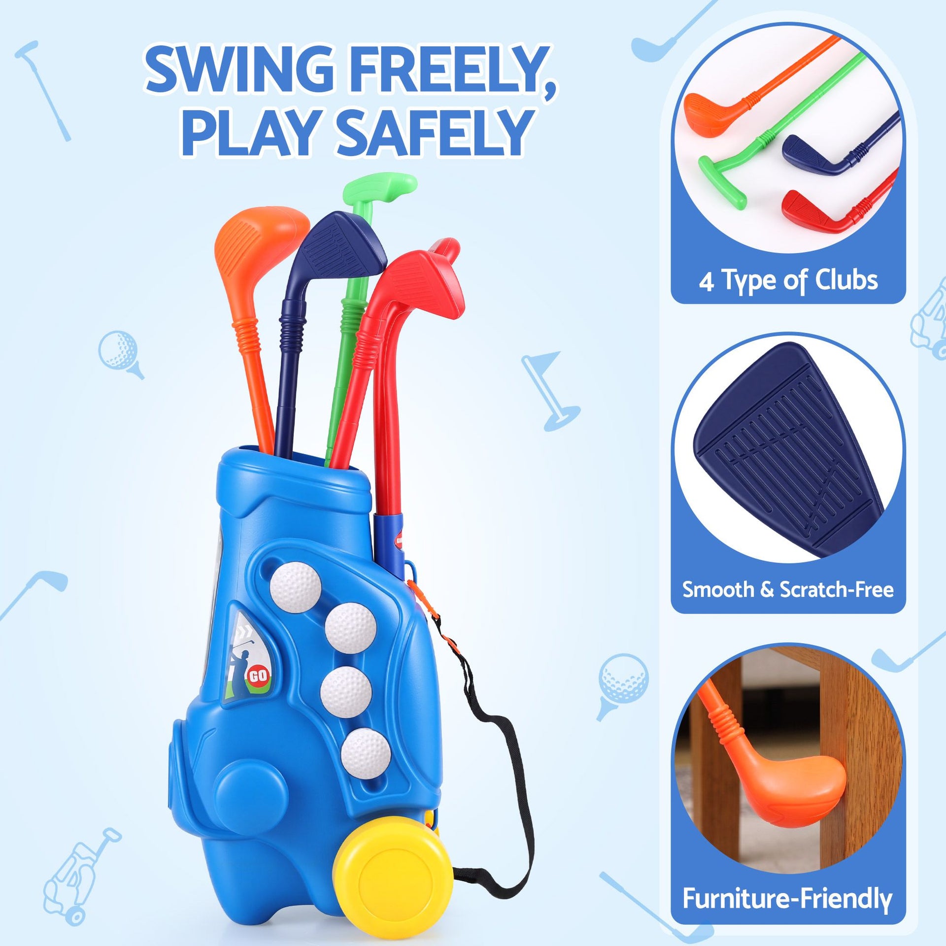 Keezi Kids Golf Set Toddler Club Set Pull Cart Indoor Outdoor Backyard Mini Toy Ages 2-6 Awezingly