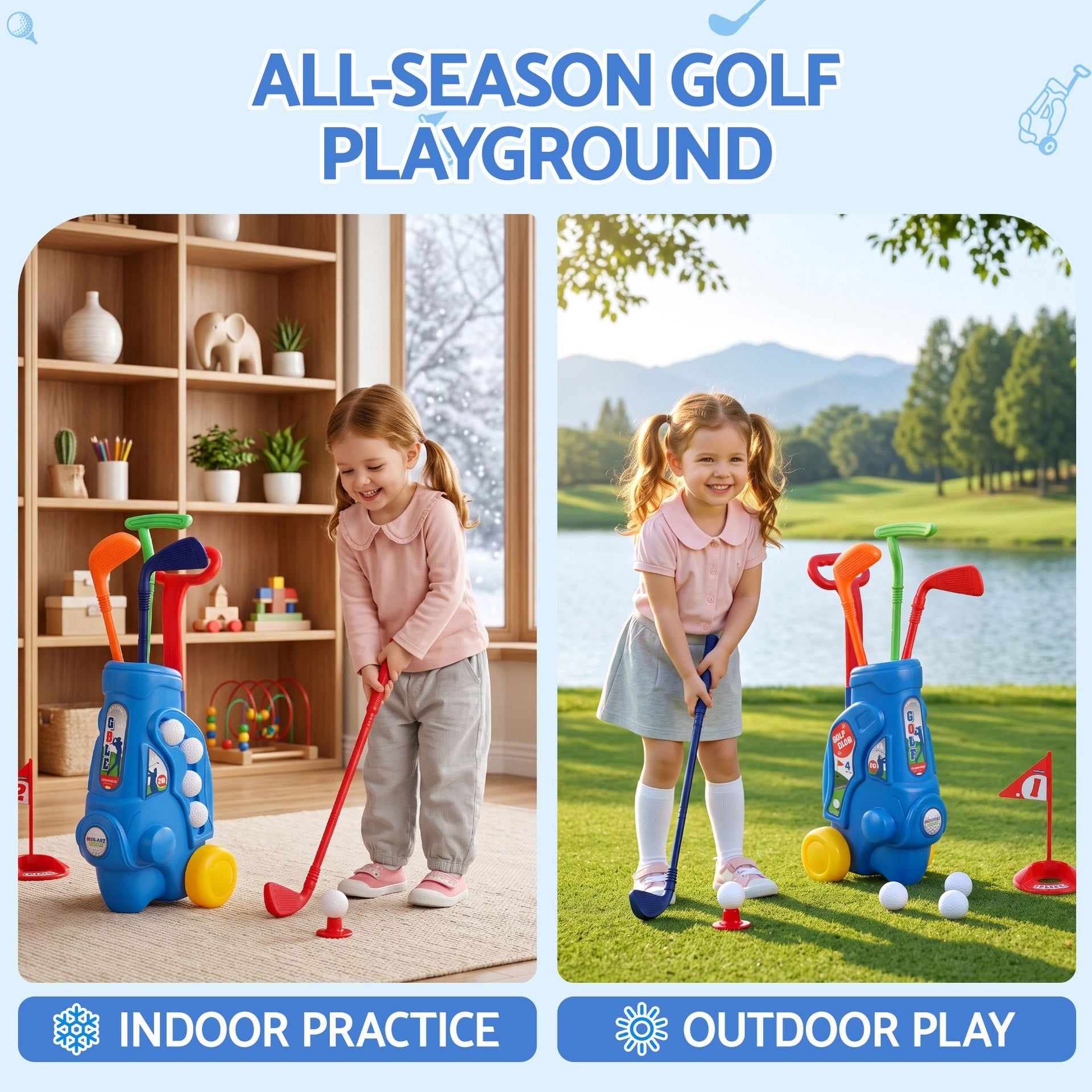 Keezi Kids Golf Set Toddler Club Set Pull Cart Indoor Outdoor Backyard Mini Toy Ages 2-6 Awezingly
