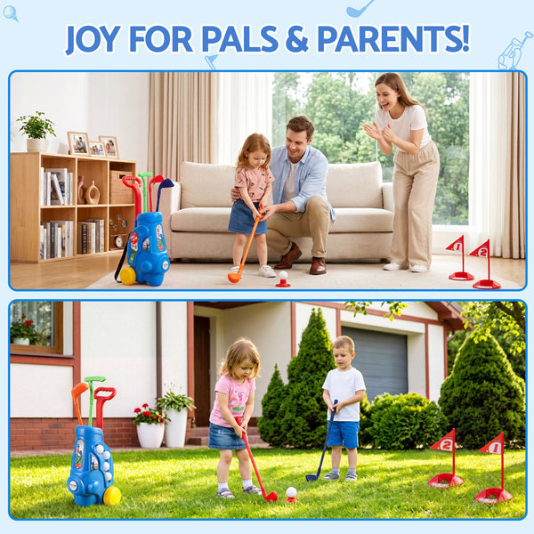 Keezi Kids Golf Set Toddler Club Set Pull Cart Indoor Outdoor Backyard Mini Toy Ages 2-6 Awezingly