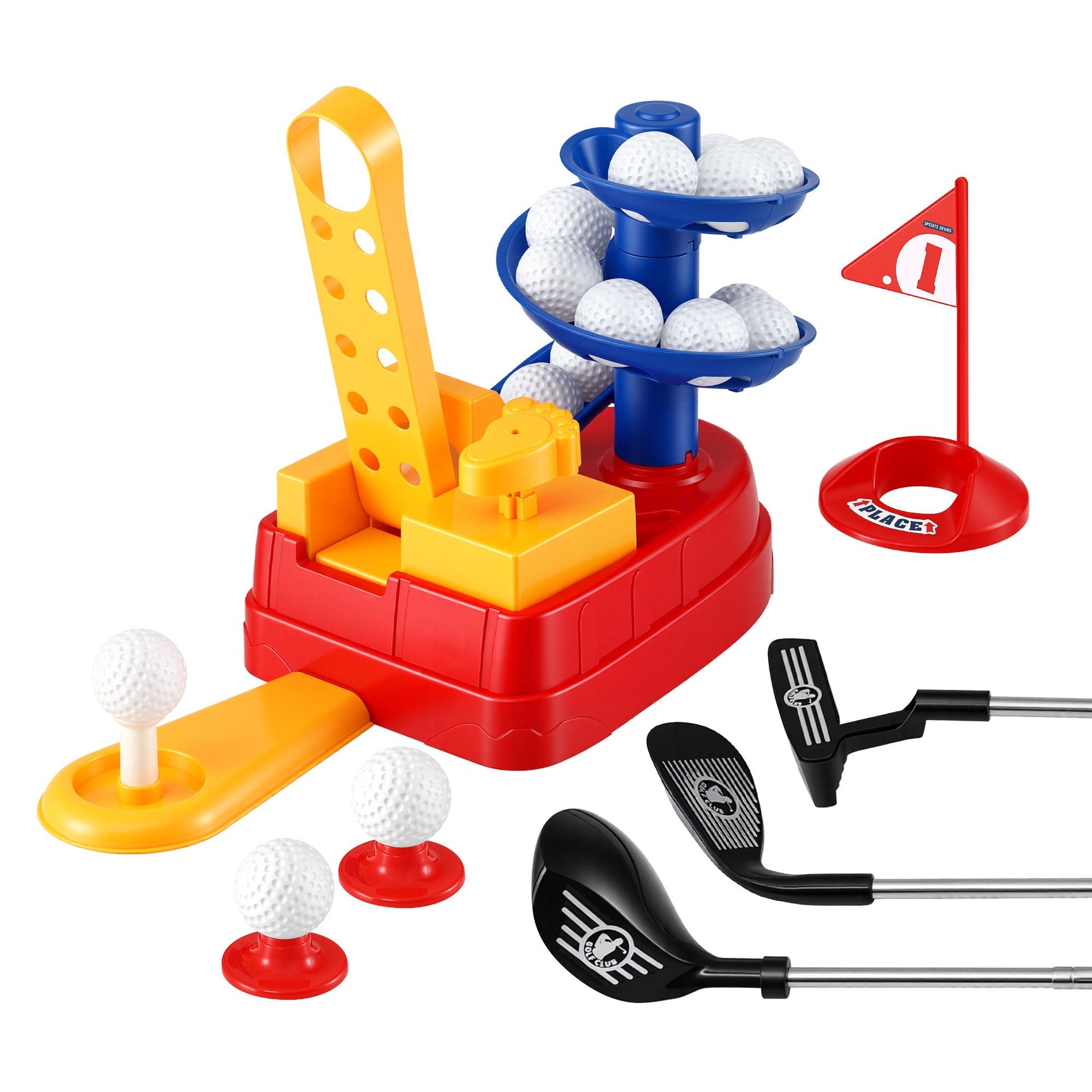 Keezi Kids Golf Toy Set with 20 Balls & 3 Adjustable Clubs, Foot Pedal Ball Launcher Portable Training Toy, Indoor Outdoor Backyard Sports Game for Ages 3-8 Awezingly