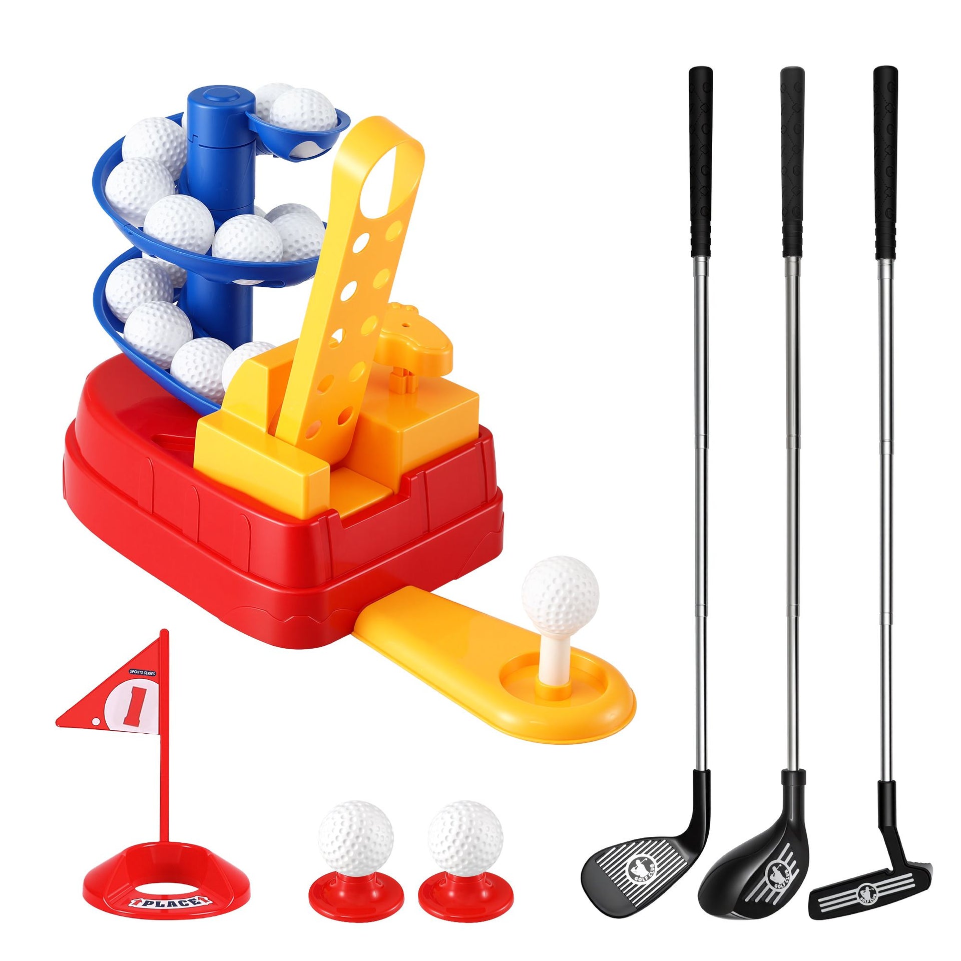 Keezi Kids Golf Toy Set with 20 Balls & 3 Adjustable Clubs, Foot Pedal Ball Launcher Portable Training Toy, Indoor Outdoor Backyard Sports Game for Ages 3-8 Awezingly