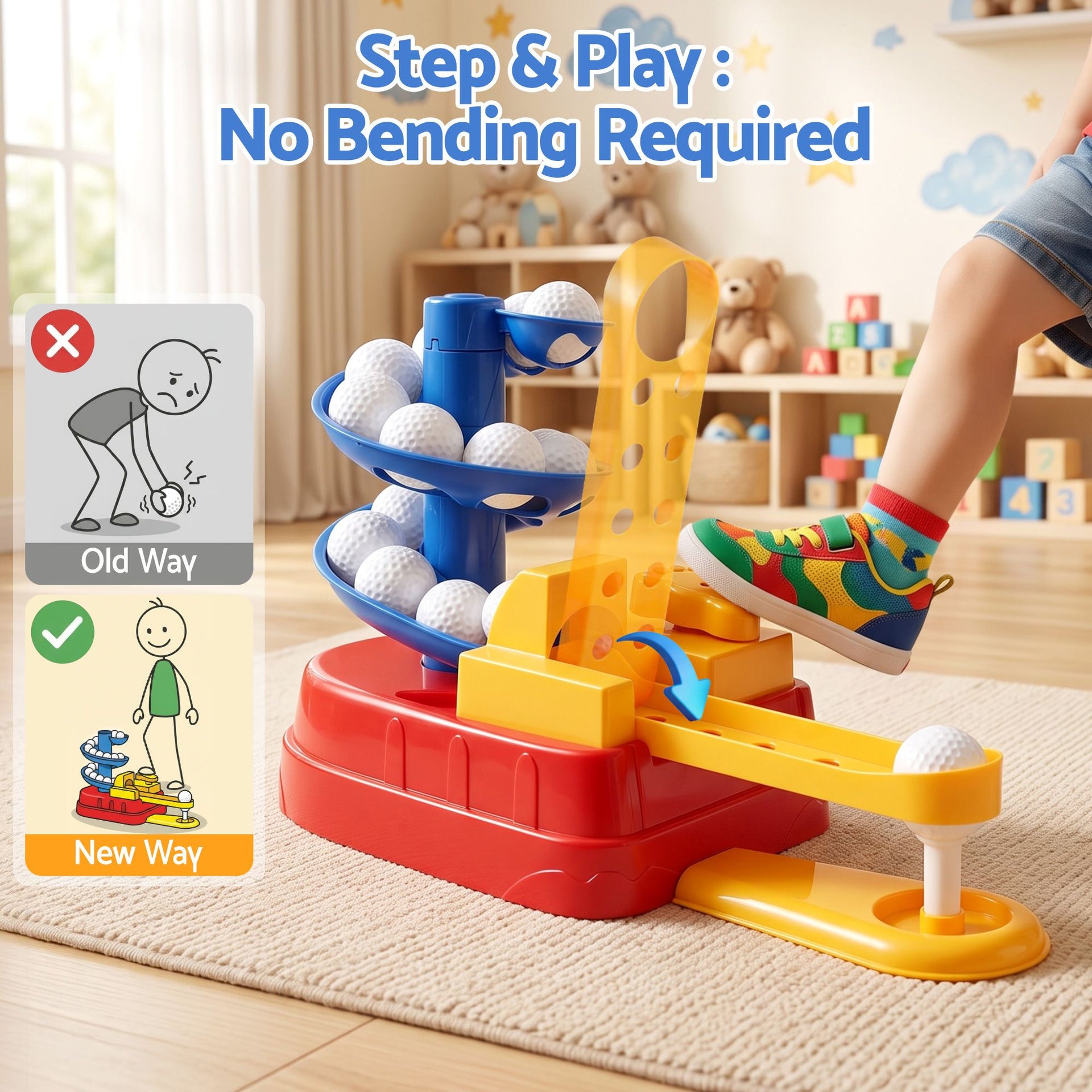 Keezi Kids Golf Toy Set with 20 Balls & 3 Adjustable Clubs, Foot Pedal Ball Launcher Portable Training Toy, Indoor Outdoor Backyard Sports Game for Ages 3-8 Awezingly