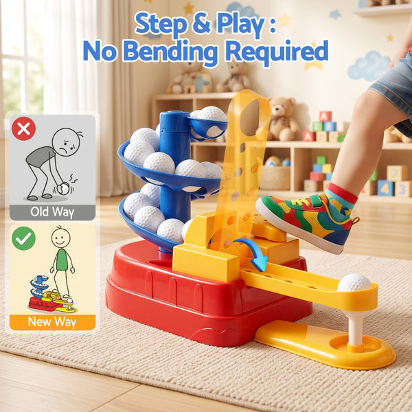 Keezi Kids Golf Toy Set with 20 Balls & 3 Adjustable Clubs, Foot Pedal Ball Launcher Portable Training Toy, Indoor Outdoor Backyard Sports Game for Ages 3-8 Awezingly