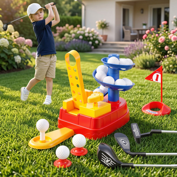 Keezi Kids Golf Toy Set with 20 Balls & 3 Adjustable Clubs, Foot Pedal Ball Launcher Portable Training Toy, Indoor Outdoor Backyard Sports Game for Ages 3-8 Awezingly