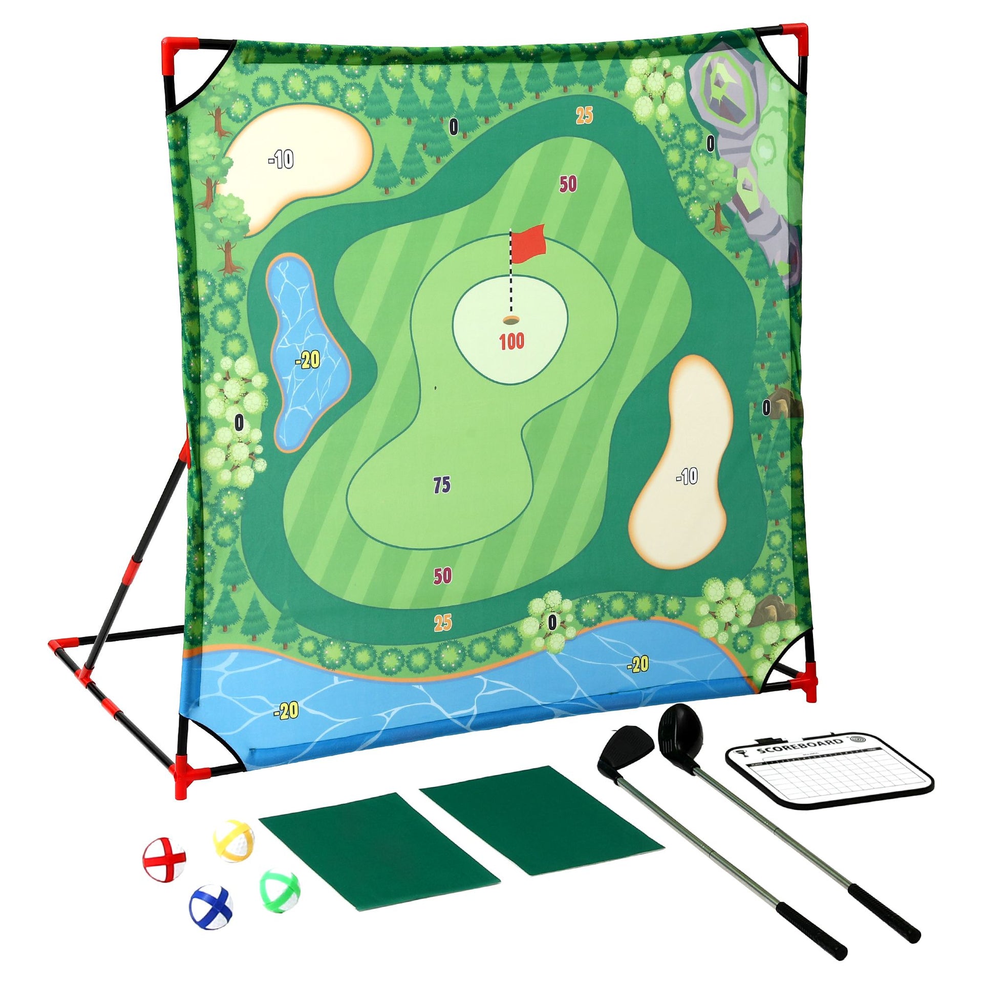 Keezi Kids Golf Chipping Game Set with Stand, 24 Sticky Balls, Adjustable Club & 2 Hitting Mats for Indoor Outdoor Ages 3-12 Play Awezingly