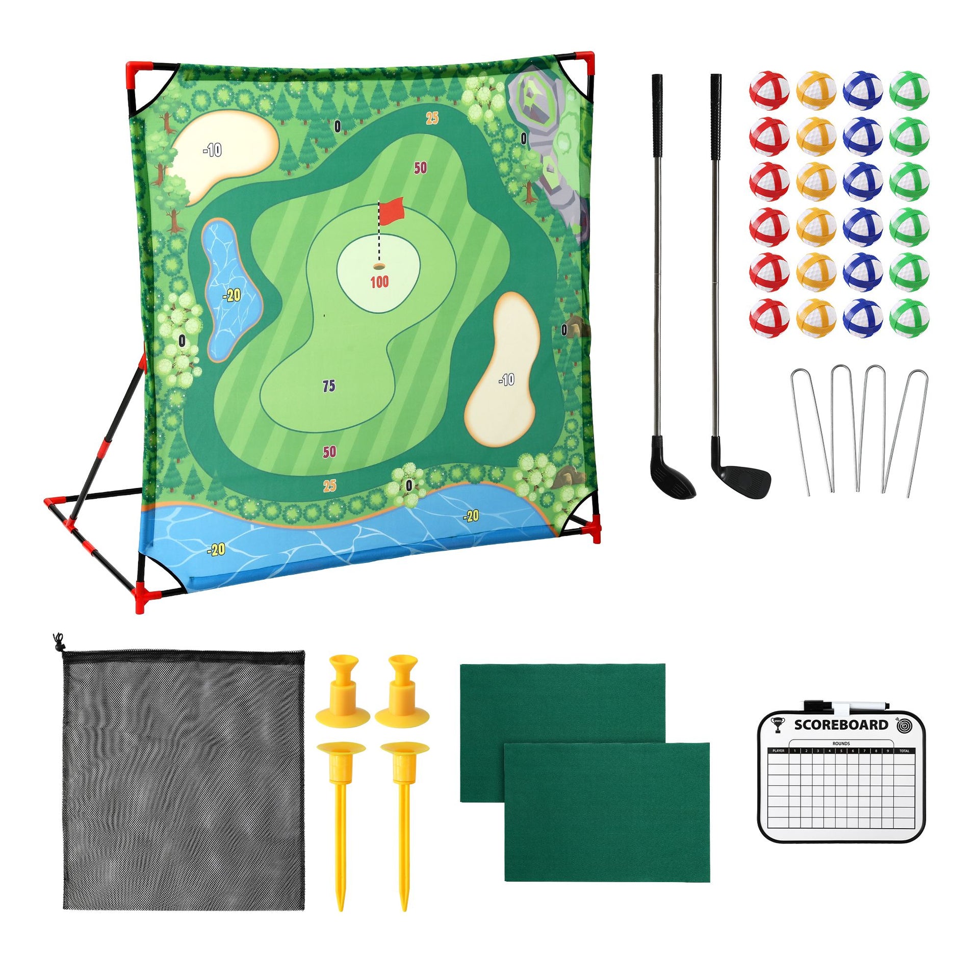 Keezi Kids Golf Chipping Game Set with Stand, 24 Sticky Balls, Adjustable Club & 2 Hitting Mats for Indoor Outdoor Ages 3-12 Play Awezingly