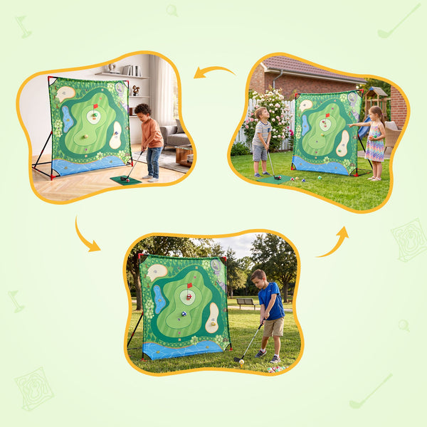 Keezi Kids Golf Chipping Game Set with Stand, 24 Sticky Balls, Adjustable Club & 2 Hitting Mats for Indoor Outdoor Ages 3-12 Play Awezingly