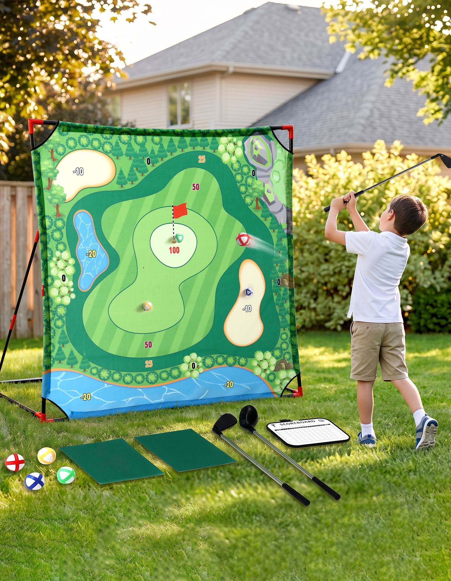 Keezi Kids Golf Chipping Game Set with Stand, 24 Sticky Balls, Adjustable Club & 2 Hitting Mats for Indoor Outdoor Ages 3-12 Play Awezingly