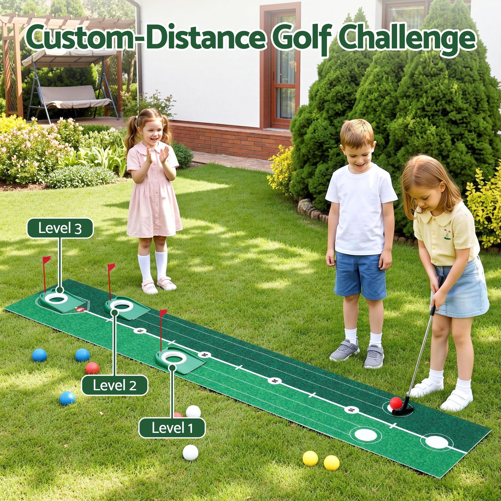 Keezi Kids Golf Putting Game Set with Golf Club, Putting Mat, 12 Balls, 3 Target Holes, Indoor Outdoor Mini Golf Toy for Ages 3-8 Awezingly