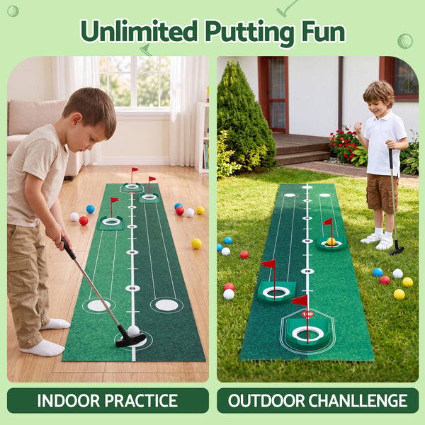 Keezi Kids Golf Putting Game Set with Golf Club, Putting Mat, 12 Balls, 3 Target Holes, Indoor Outdoor Mini Golf Toy for Ages 3-8 Awezingly