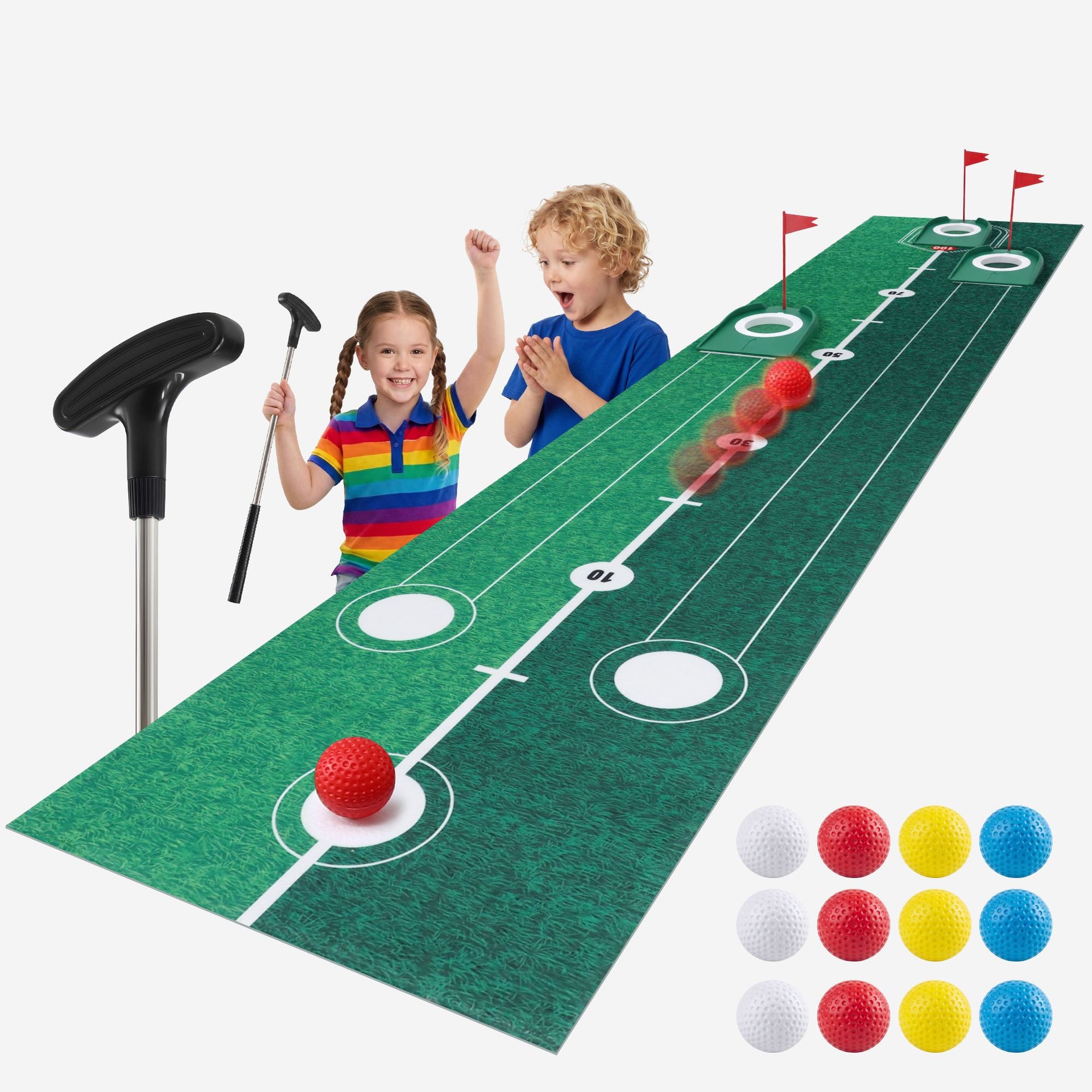 Keezi Kids Golf Putting Game Set with Golf Club, Putting Mat, 12 Balls, 3 Target Holes, Indoor Outdoor Mini Golf Toy for Ages 3-8 Awezingly