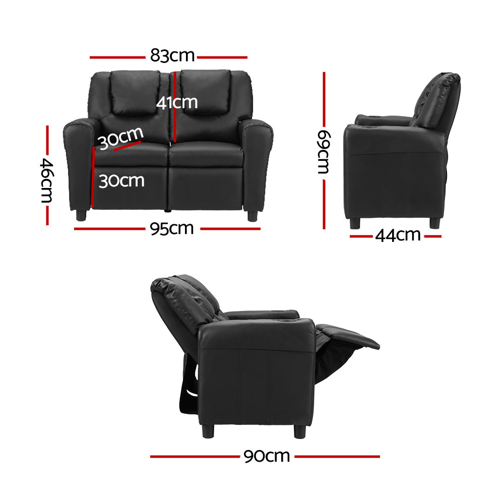 Keezi Kids Recliner Chair Double PU Leather Sofa Lounge Couch Armchair Black Keezi