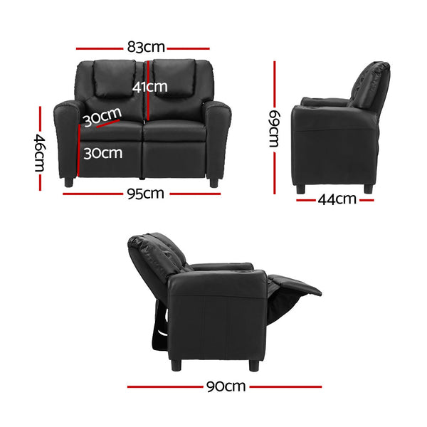 Keezi Kids Recliner Chair Double PU Leather Sofa Lounge Couch Armchair Black Keezi