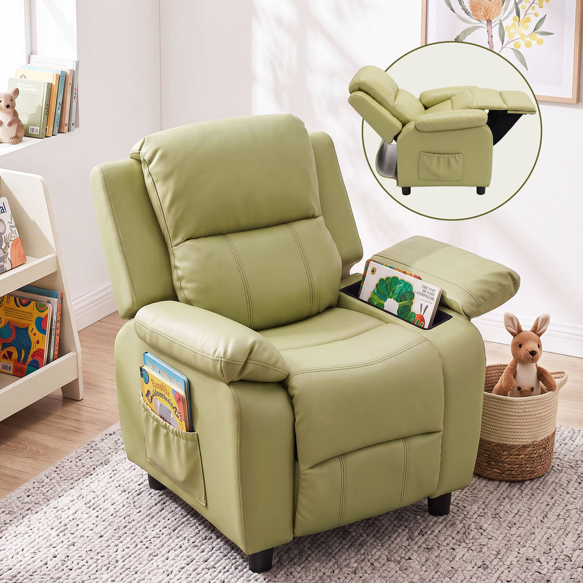 Keezi Kids Recliner Chair PU Leather Toddler Lounge Adjustable Backrest w/ Armrest Storage & 2 Side Pockets Green Awezingly