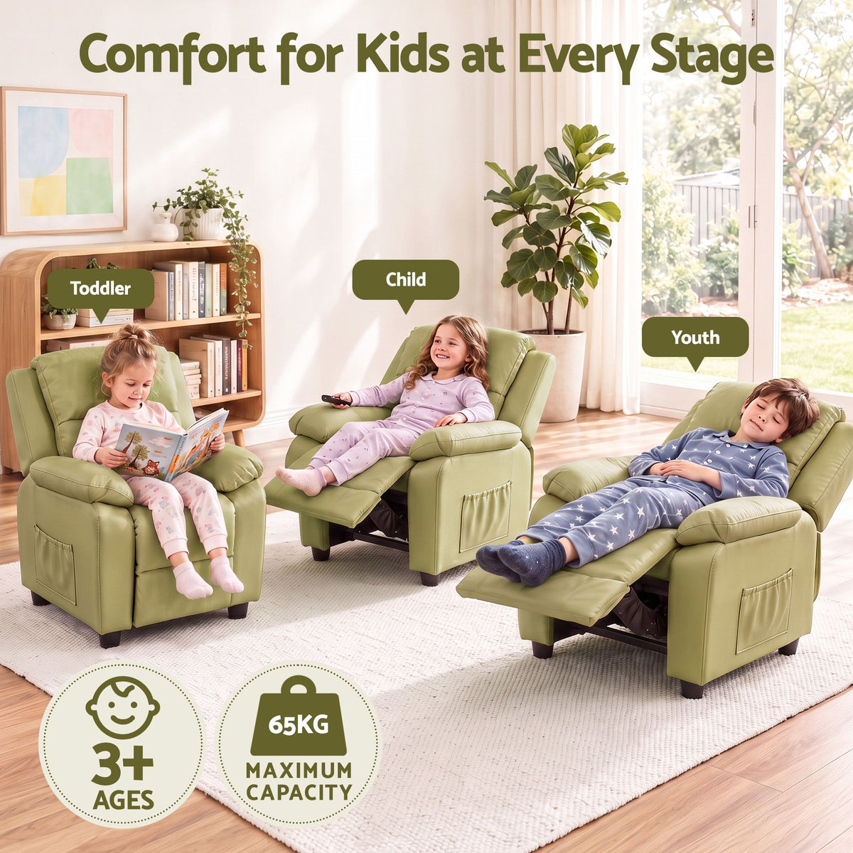 Keezi Kids Recliner Chair PU Leather Toddler Lounge Adjustable Backrest w/ Armrest Storage & 2 Side Pockets Green Awezingly