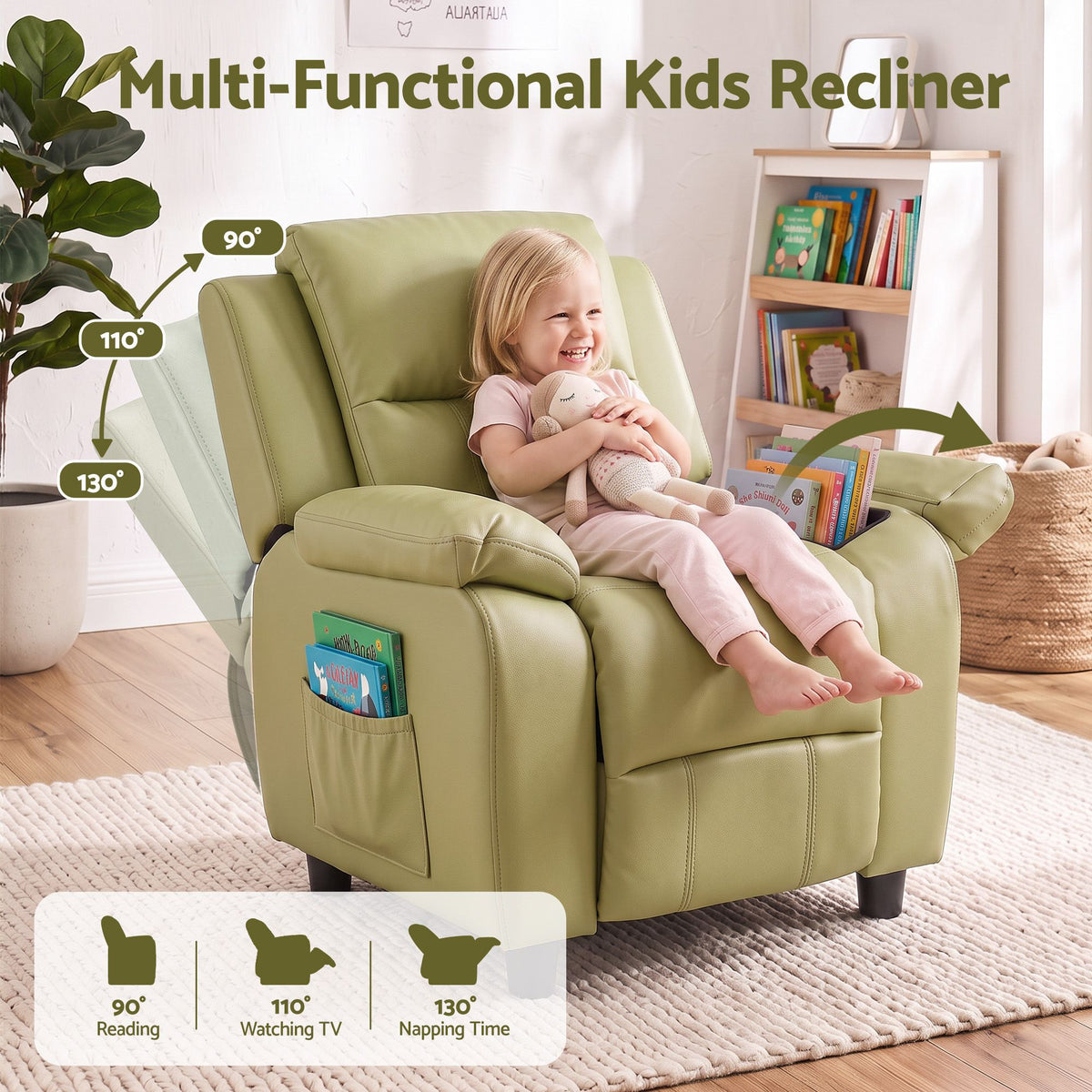 Keezi Kids Recliner Chair PU Leather Toddler Lounge Adjustable Backrest w/ Armrest Storage & 2 Side Pockets Green Awezingly