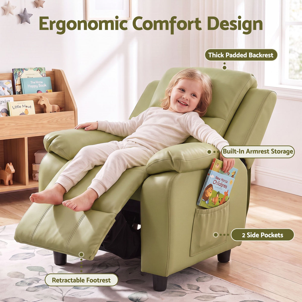 Keezi Kids Recliner Chair PU Leather Toddler Lounge Adjustable Backrest w/ Armrest Storage & 2 Side Pockets Green Awezingly