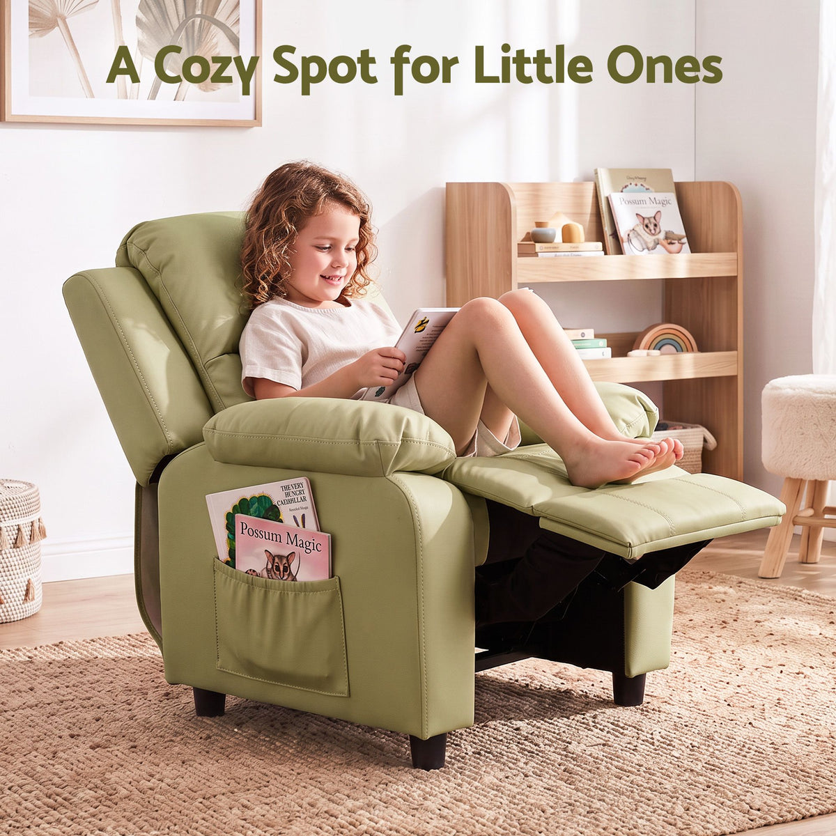 Keezi Kids Recliner Chair PU Leather Toddler Lounge Adjustable Backrest w/ Armrest Storage & 2 Side Pockets Green Awezingly