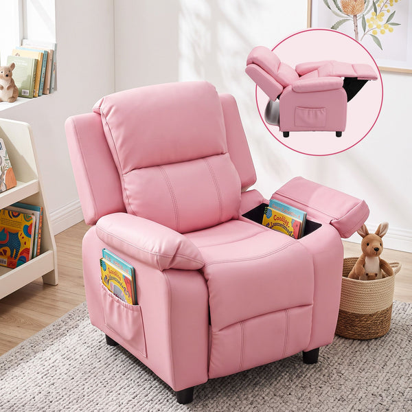 Keezi Kids Recliner Chair PU Leather Toddler Lounge Adjustable Backrest w/ Armrest Storage & 2 Side Pockets Pink Awezingly