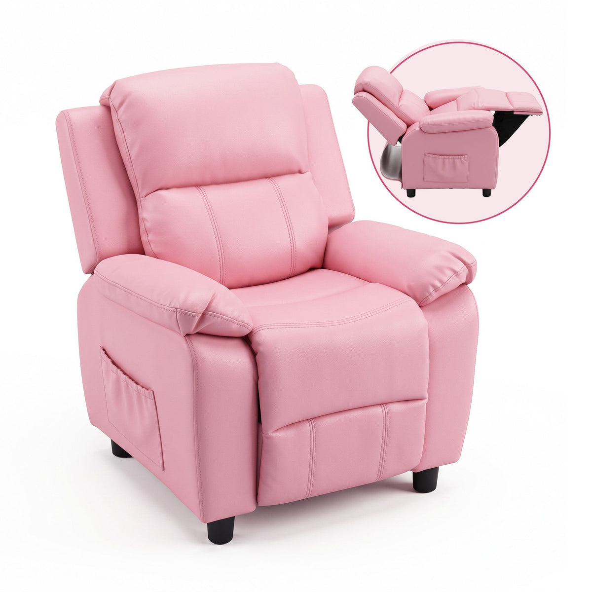 Keezi Kids Recliner Chair PU Leather Toddler Lounge Adjustable Backrest w/ Armrest Storage & 2 Side Pockets Pink Awezingly