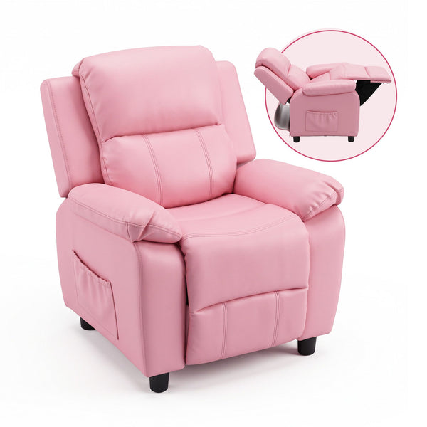 Keezi Kids Recliner Chair PU Leather Toddler Lounge Adjustable Backrest w/ Armrest Storage & 2 Side Pockets Pink Awezingly