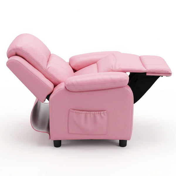 Keezi Kids Recliner Chair PU Leather Toddler Lounge Adjustable Backrest w/ Armrest Storage & 2 Side Pockets Pink Awezingly