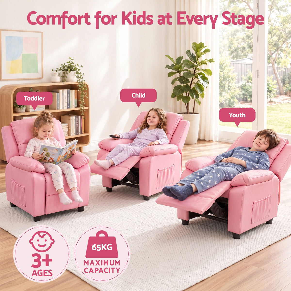Keezi Kids Recliner Chair PU Leather Toddler Lounge Adjustable Backrest w/ Armrest Storage & 2 Side Pockets Pink Awezingly