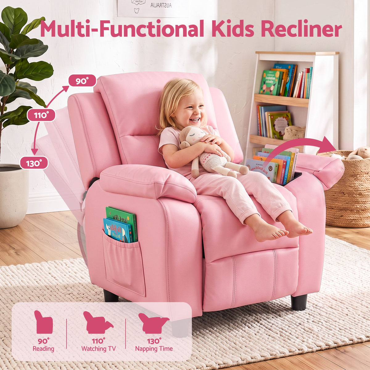 Keezi Kids Recliner Chair PU Leather Toddler Lounge Adjustable Backrest w/ Armrest Storage & 2 Side Pockets Pink Awezingly