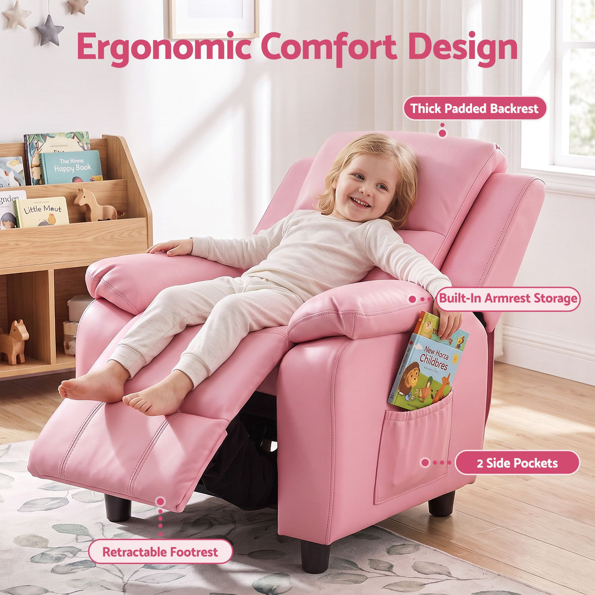 Keezi Kids Recliner Chair PU Leather Toddler Lounge Adjustable Backrest w/ Armrest Storage & 2 Side Pockets Pink Awezingly